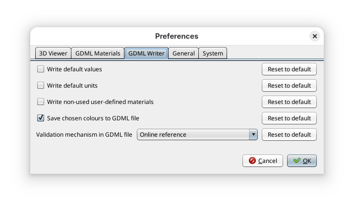 GDML writer preferences panel