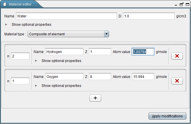 Material editor for a composition of element (here water)