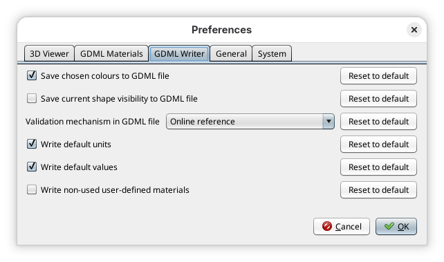 GDML writer preferences panel