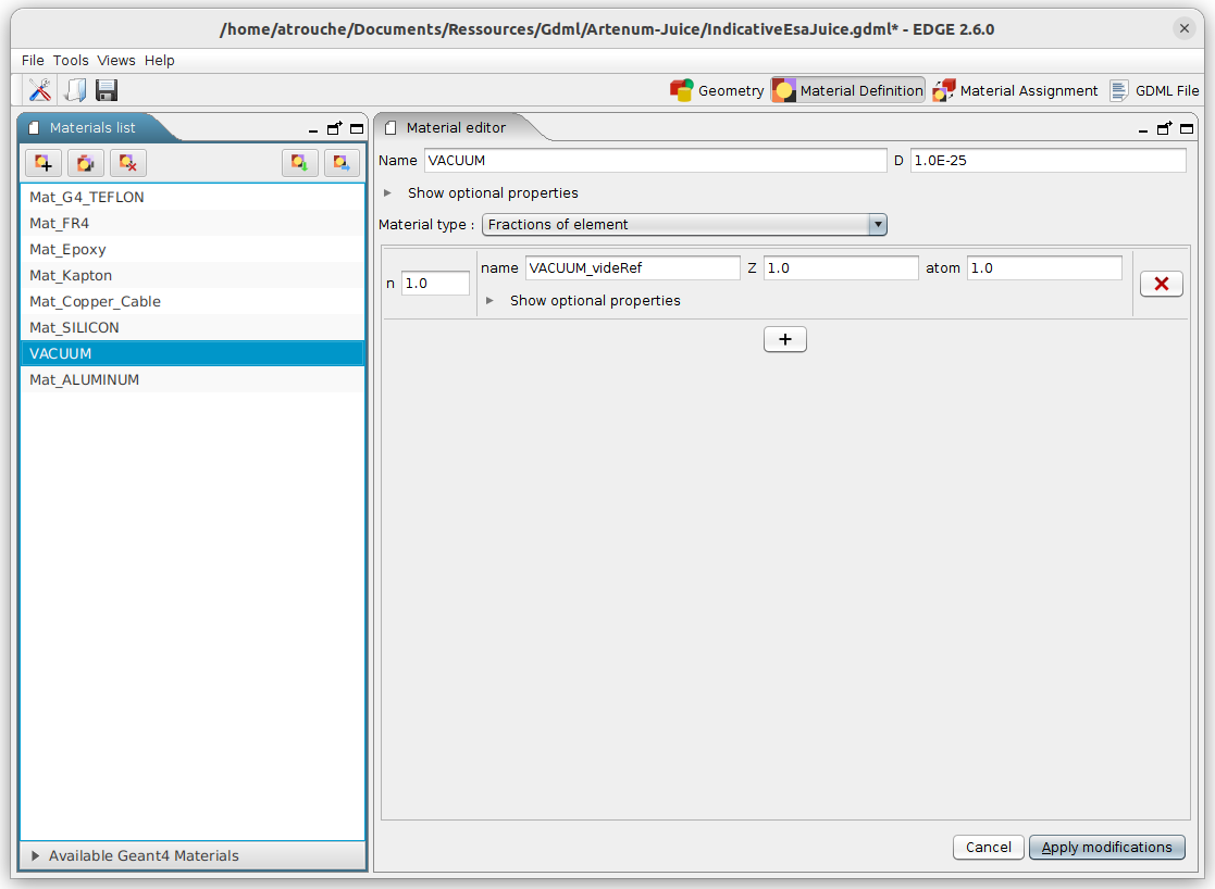 EDGE material definition view