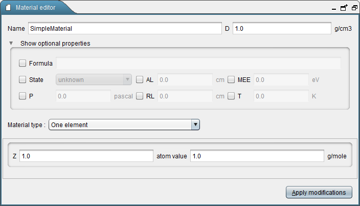 Material editor for an "atom" material showing the optional properties