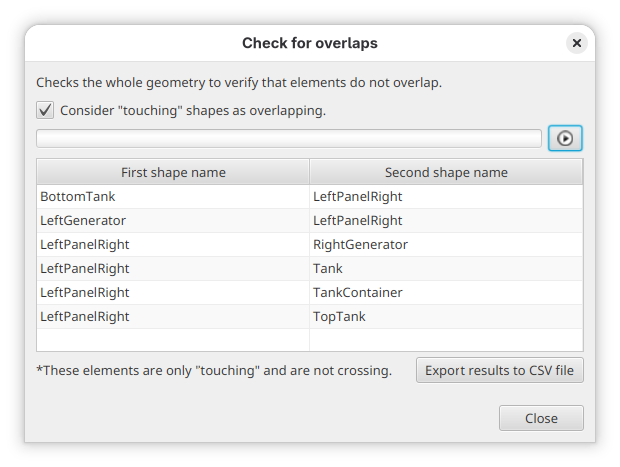 Overlaps calculation results (indicates that several shapes are overlapping with the LeftPanelRight shape)