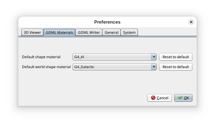 GDML material preferences panel