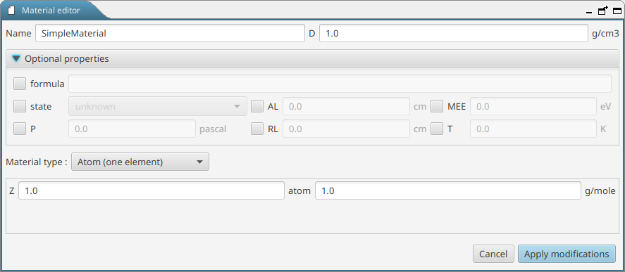 Material editor for an "atom" material showing the optional properties