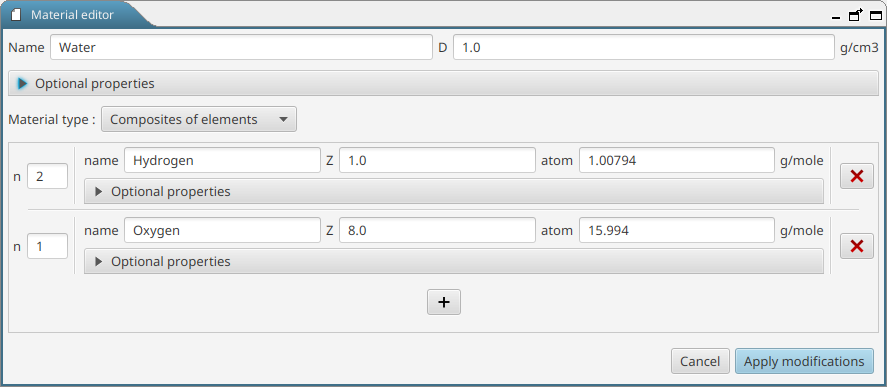 Material editor for a composition of element (here water)